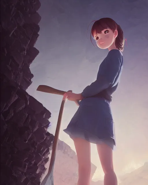 Image similar to a girl holding a pickaxe and covered in smog in a coal mine, atmospheric lighting, detailed body and face, by makoto shinkai, stanley artgerm lau, wlop, rossdraws