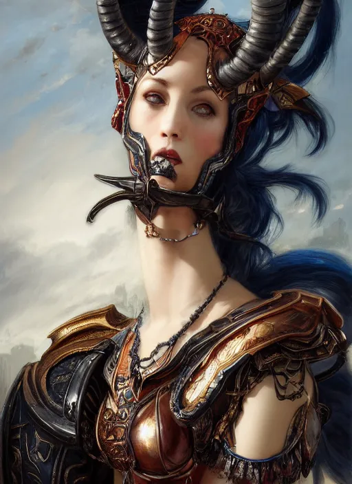 Prompt: formal portrait of horned warrior succubus wearing plate armor with blue cloak, black hair, fantasy, digital art by eugene de blaas, ross tran, and nasreddine dinet, vibrant color scheme, intricately detailed, in the style of romanticism, cinematic, artstation, greg rutkowski