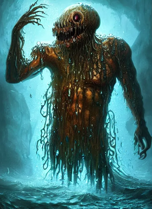 Image similar to digital painting of a wet smily undead drowned monster, with translucent and weiny skin, long freaky finger, by filipe pagliuso and justin gerard, fantasy, highly detailed, realistic, intricate, glowing eyes