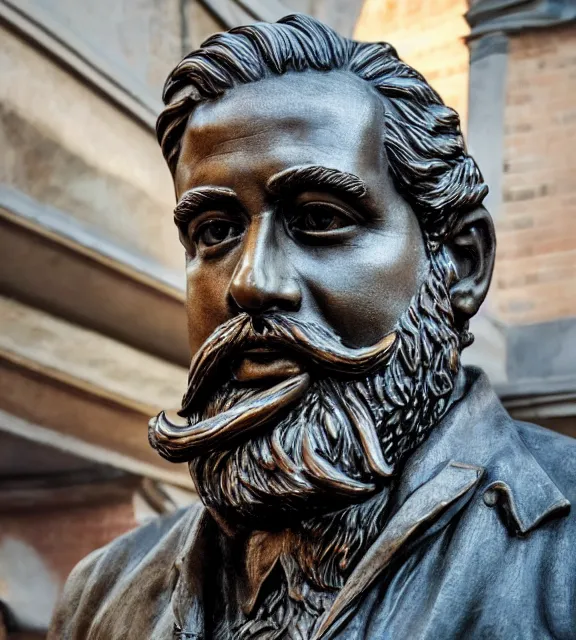 Image similar to a 4 k photorealistic photo medium shot of a bronze statue of a man with a beard.