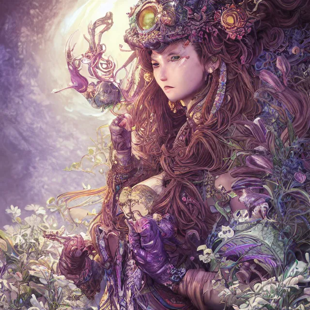 Image similar to the portrait of chaotic good female druid alchemist as absurdly beautiful, gorgeous, elegant, young gravure idol, an ultrafine hyperdetailed illustration by kim jung gi, irakli nadar, intricate linework, sharp focus, bright colors, octopath traveler, final fantasy, unreal engine 5 highly rendered, global illumination, radiant light, detailed and intricate environment