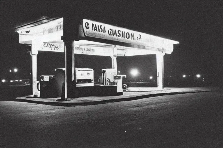 Image similar to “ gas station, night, fog, 1 9 0 0 ’ s photo ”