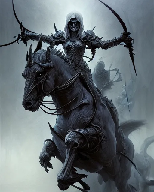 Prompt: concept art by artgerm, death of the four horsemen of the apocalypse, soft grey and blue natural light, intricate, queen of death riding, highly detailed dark art, digital painting, artstation, concept art, smooth, sharp focus, illustration, art by greg rutkowski and luis rollo and uang guangjian and gil elvgren, symmetry!