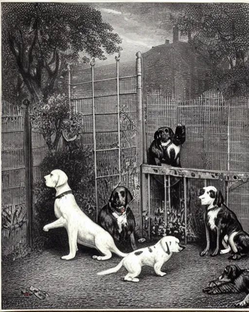 Image similar to “Who Let the Dogs Out” constables investigate the scene of a quaint garden, overrun by champion show dogs canines, a Victorian lithograph