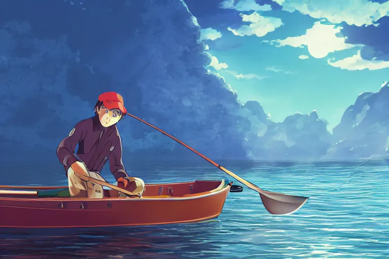 Image similar to cell shaded anime key visual of a fantasy fisherman in a small boat on a lake in the style of studio ghibli, moebius, makoto shinkai, dramatic lighting