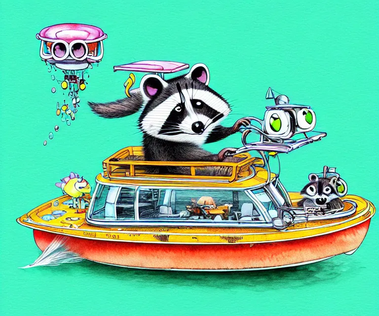 Image similar to cute and funny, racoon driving a tiny pontoon boat with party lights, ratfink style by ed roth, centered award winning watercolor pen illustration, isometric illustration by chihiro iwasaki, edited by craola, tiny details by artgerm and watercolor girl, symmetrically isometrically centered