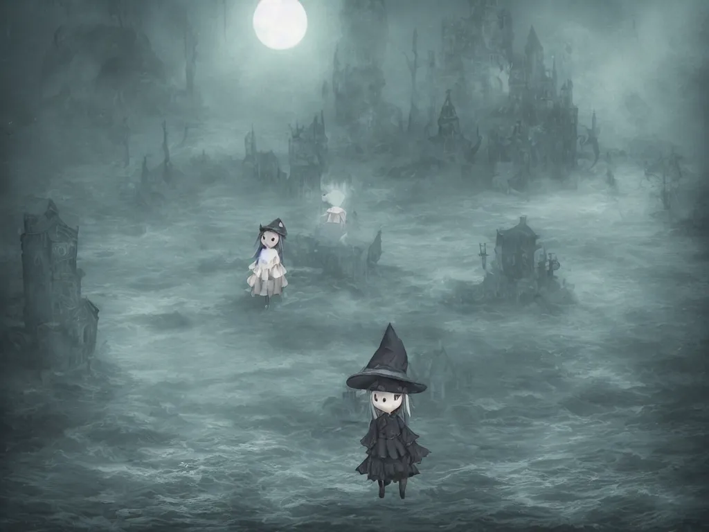 Image similar to cute fumo plush girl witch on a tiny island of concrete brutalist eldritch ruins surrounded by murky river water, dark cursed otherworldly chibi gothic horror wraith maiden, lost in the milky void, hazy heavy magical glowing swirling murky volumetric fog and smoke, moonglow, lens flare, vray