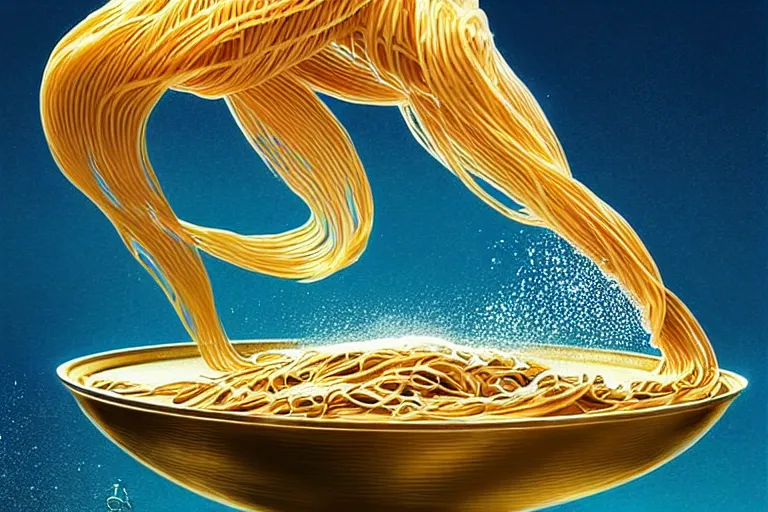 Prompt: olympic diver made of pasta diving into a dish of pasta, splash, art deco intricate ripples, fantasy, elegant, highly detailed, sharp focus, art by artgerm and beeple and greg rutkowski and wlop