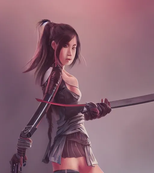 Image similar to a girl holding a katana, ponytail, highly detailed, digital painting, artstation, concept art, smooth, sharp focus, kunoichi, illustration