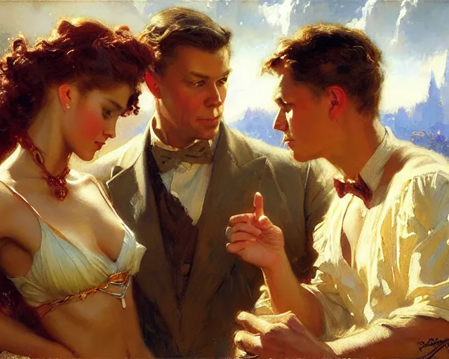 Image similar to distracted boyfriend meme, painting by gaston bussiere, craig mullins, j. c. leyendecker