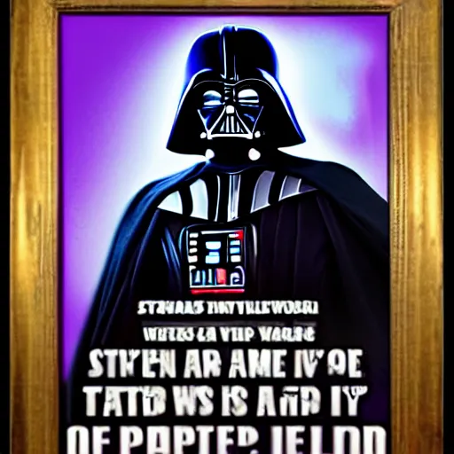 Image similar to darth vader is a pimp, wearing an oversized purple coat, gold jewlery, and a diamond tipped cane