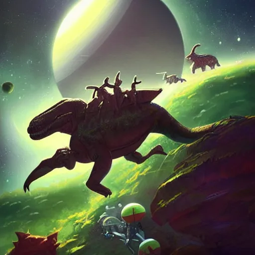 Image similar to Astronauts and green aliens are riding some dinosaurs, they are floating over the rings of a gas planet, the star of the planetary system is as background, by Jordan Grimmer digital art, trending on Artstation,