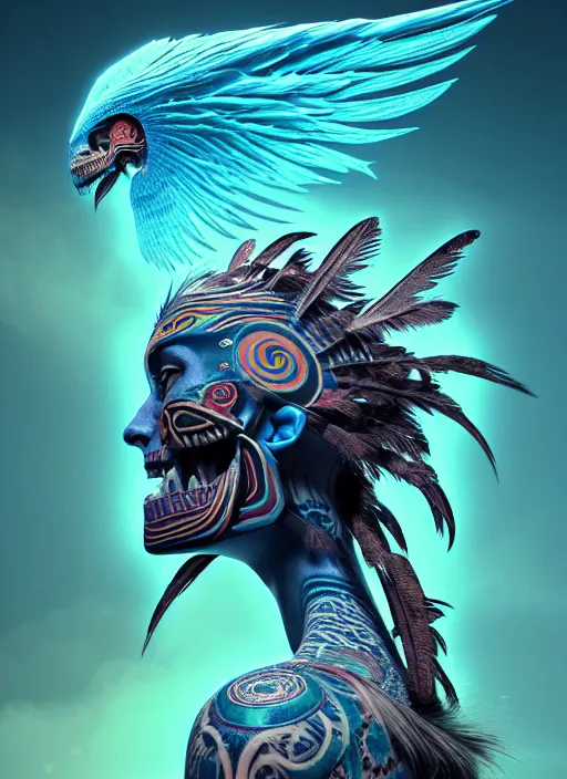 Image similar to 3 d shaman with tattoos profile portrait, sigma 5 0 0 mm f / 5. beautiful intricate highly detailed quetzalcoatl skull and feathers. bioluminescent, gradient background, plasma, frost, water, wind, creature, thunderstorm! artwork by tooth wu and wlop and beeple and greg rutkowski, 8 k trending on artstation,