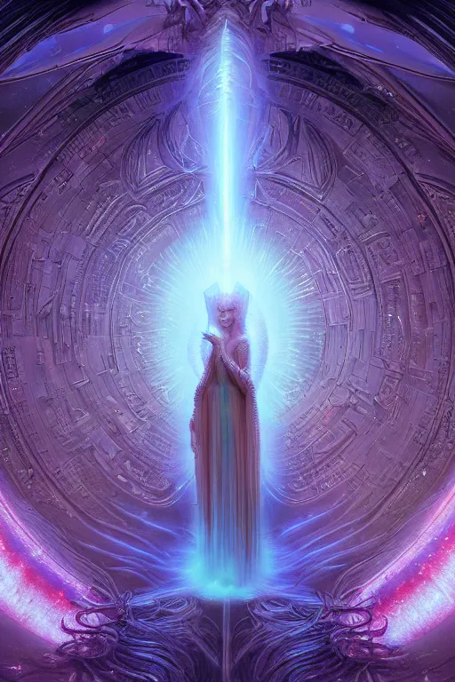 Image similar to heartbreaking portrait of cosmic angel queen at the entrance of a stunning stargate - portal to the unknown universe by wayne barlowe, moebius, craig mullins, sense of wonder, intricate beautiful cosmic opal filigree details, 8 k octane render, cinematic lighting,