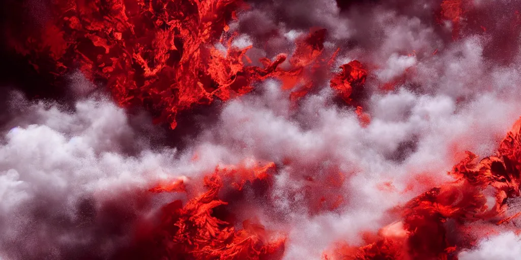 Image similar to a churning, boiling, fiery red sea with lots of smoky black and red steam, fantasy digital art, octane render, beautiful composition, trending on artstation, award-winning photograph, masterpiece