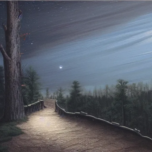 Image similar to matte painting of a tabby cat walking on a path in a dark moonlit Maine forest, serene, highly detailed, by caravaggio and alan lee, trending on artstation, 4k