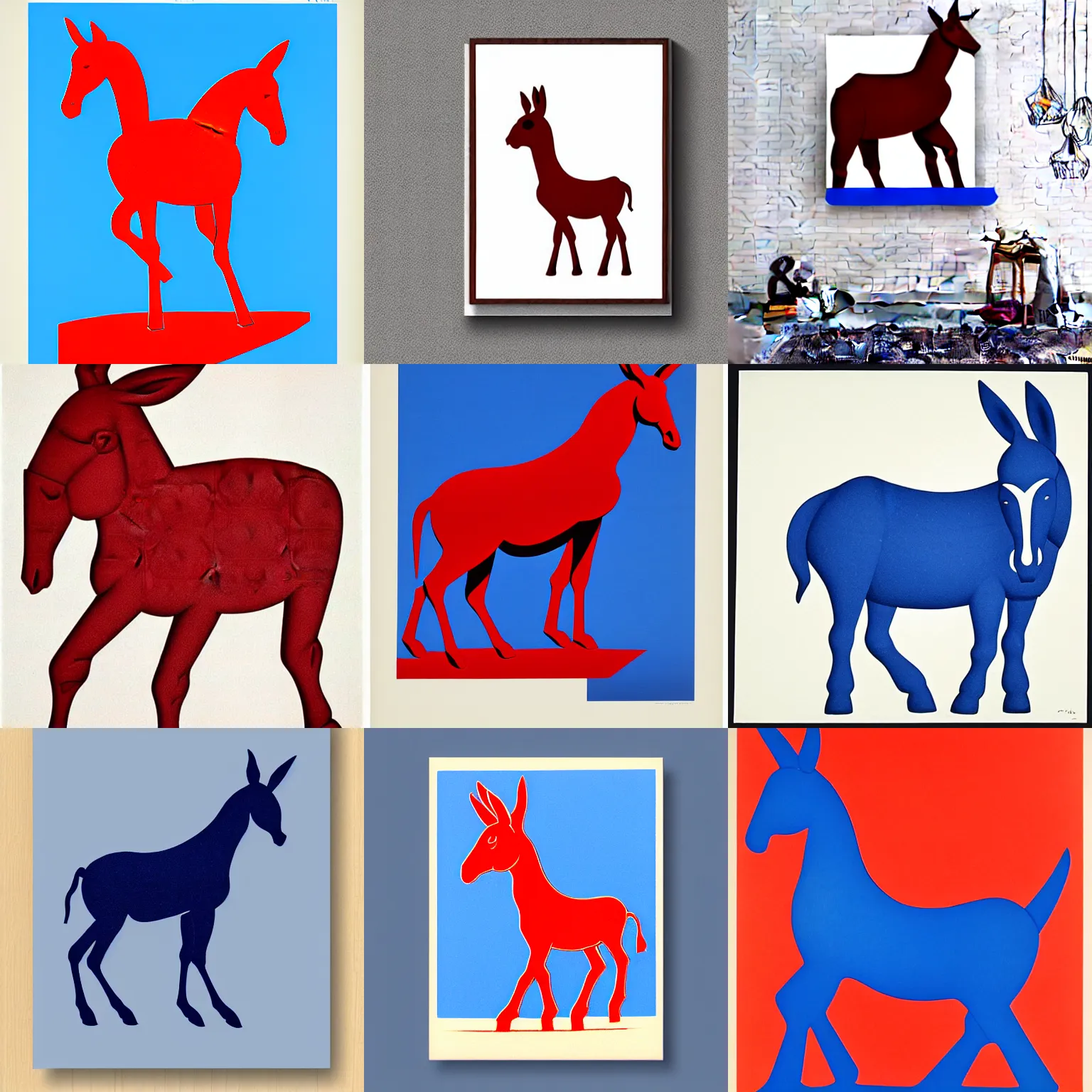 Prompt: lithograph side view of standing donkey against white background, duotone!, cycladic! sculptural style, wood print, stamped, full body, flat colors, iconic, simplified, ultramarine blue!!! and red iron oxide!!