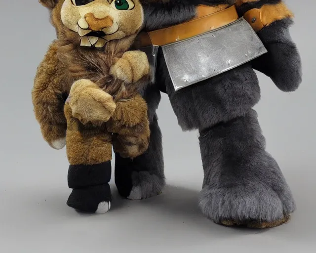 Image similar to a cute furry lion! with paladin! armor plush! doll, merchandise