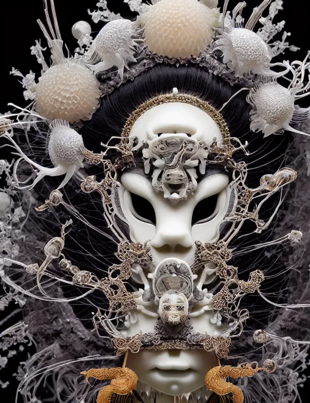 Image similar to goddess macro close - up portrait wigh crown made of ram skull. beautiful intricately detailed japanese crow kitsune mask and clasical japanese kimono. betta fish, jellyfish phoenix, bioluminiscent, plasma, ice, water, wind, creature, super intricate ornaments artwork by tooth wu and wlop and beeple and greg rutkowski