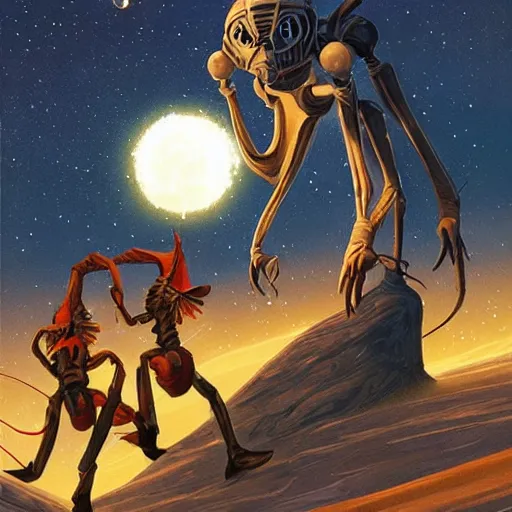 Image similar to space wizards fighting magic spiders in the style of ralph mcquarrie, breathtaking, painting