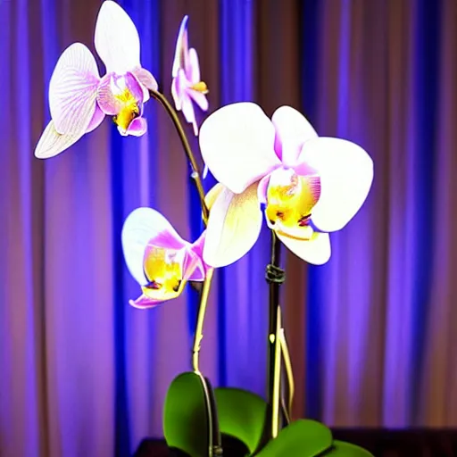 Image similar to an orchid flower, robotic, made of metal, shiny, LED lights, glowing, unreal engine