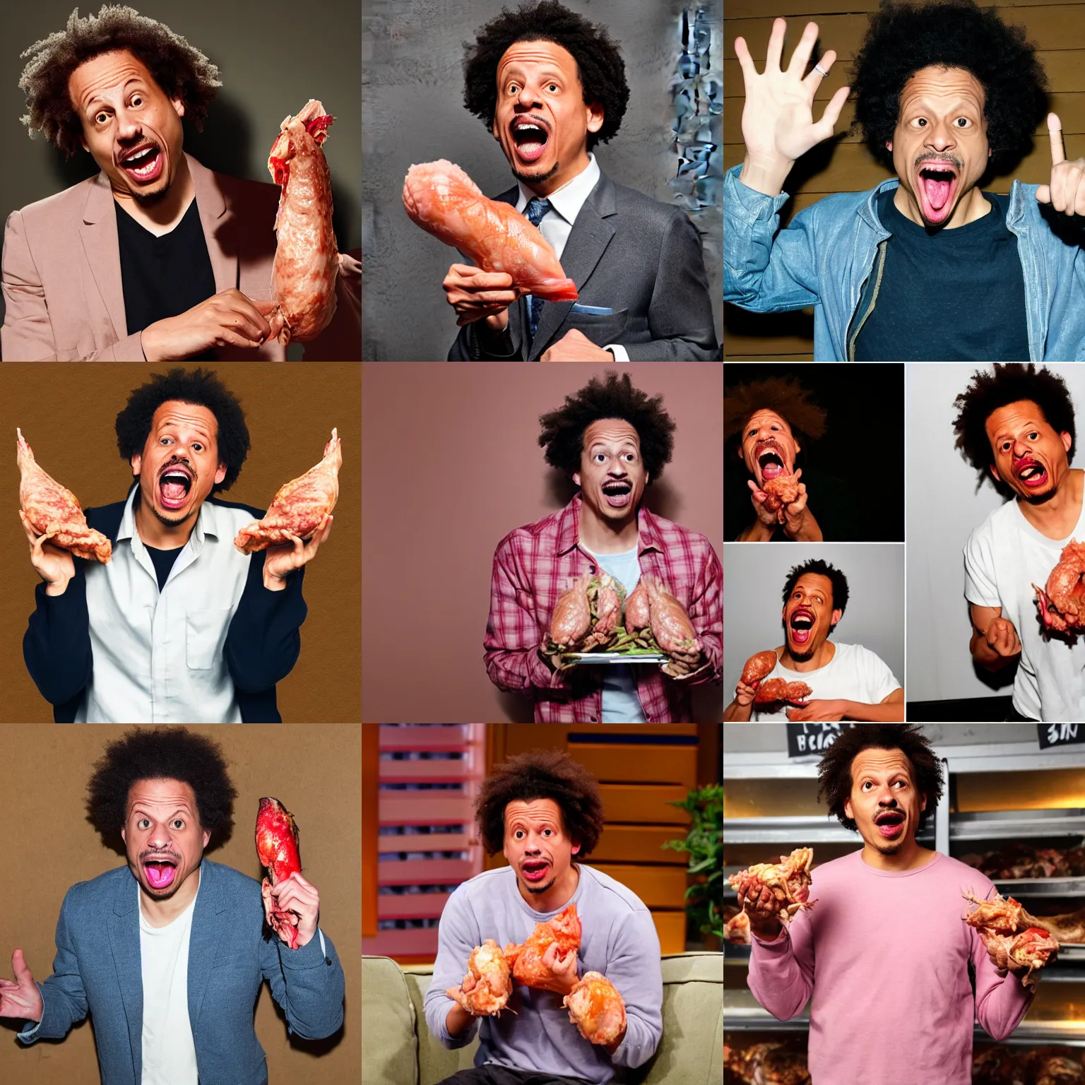 Prompt: eric andre with raw chicken on his hands, screaming