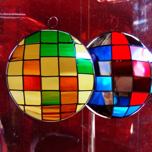 Prompt: chrome spheres on a red cube, stained glass