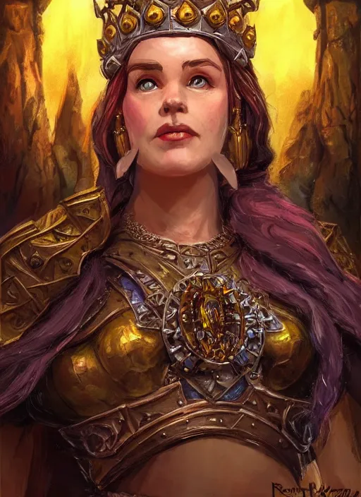 Image similar to dwarven queen wearing a crown, ultra detailed fantasy, dndbeyond, bright, colourful, realistic, dnd character portrait, full body, pathfinder, pinterest, art by ralph horsley, dnd, rpg, lotr game design fanart by concept art, behance hd, artstation, deviantart, hdr render in unreal engine 5