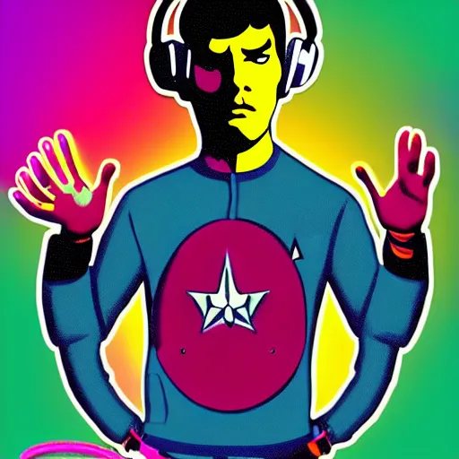 Image similar to svg sticker of a Pop-Wonder Captain-Spock-Star-Trek at a rave, spinning records, giant headphones rocking out, wearing headphones, huge speakers, dancing, rave, DJ, spinning records, digital art, amazing composition, rule-of-thirds, award-winning, trending on artstation, featured on deviantart