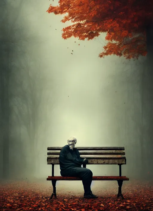 Prompt: conceptual photography portrait of an old man on a park bench fading into nothing, autumn tranquility, forgetfulness, fading to dust and leaves, oblivion, inevitability, aging, surreal portrait, moody, by tom bagshaw, hopeless, 4 k