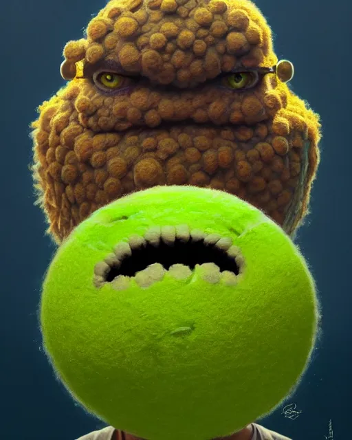 Image similar to highly detailed vfx portrait of a character of a tennis ball monster, balaclava, stephen bliss, chalk, cherub, unrealengine, greg rutkowski, loish, rhads, beeple, chalk, makoto shinkai and lois van baarle, ilya kuvshinov, rossdraws, tom bagshaw, basil gogos