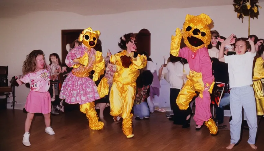 Image similar to 1990s candid 35mm photo of a beautiful day in the living room, cinematic lighting, cinematic look, golden hour, large costumed mascot Flower people dancing for families, Enormous personified flower people with outstandingly happy faces coming out of a portal and showing families how to dance, dogs dancing too, UHD