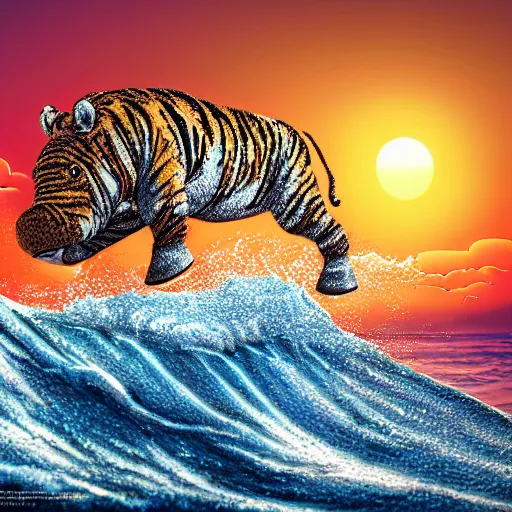 Prompt: a closeup photorealistic photograph of a knitted tiger hippopotamus that is riding a large wave during sunset. surf in the background. professional capture. brightly lit scene. this 4 k hd image is trending on artstation, featured on behance, well - rendered, extra crisp, features intricate detail, epic composition and the style of unreal engine.