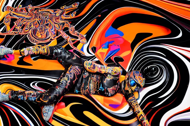 Prompt: hyperdetailed masterpiece portrait of a glossy black marble statue of a woman covered in colorful motocross branding, symmetrical, logos, typography, in the style of virgil abloh, offwhite, heron prestorn, denoise, vogue, paris, fashion, louvre museum, highly detailed, realistic, hyperreal, 8 k, 4 k, render