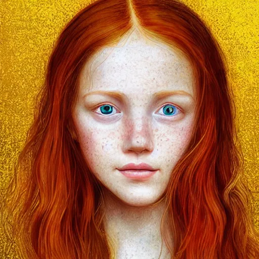 Image similar to portrait of a red haired girl, long hair, green eyes, hint of freckles, beautiful round face, soft amazed smiles, among golden fireflies, highly detailed, deep focus, elegant, digital painting, smooth, sharp focus, golden ratio, illustration, ultra realistic, 8 k, art by leonardo da vinci