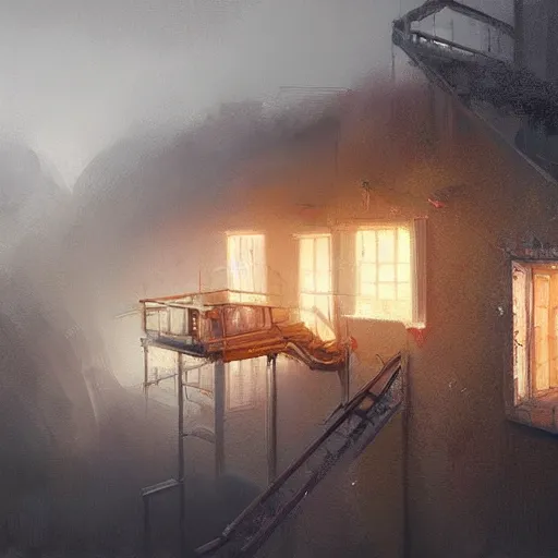 Image similar to two artists painting on a canvas, one paints a beautiful house, the other paints abstract art, by greg rutkowski, matte painting, light study, artstation