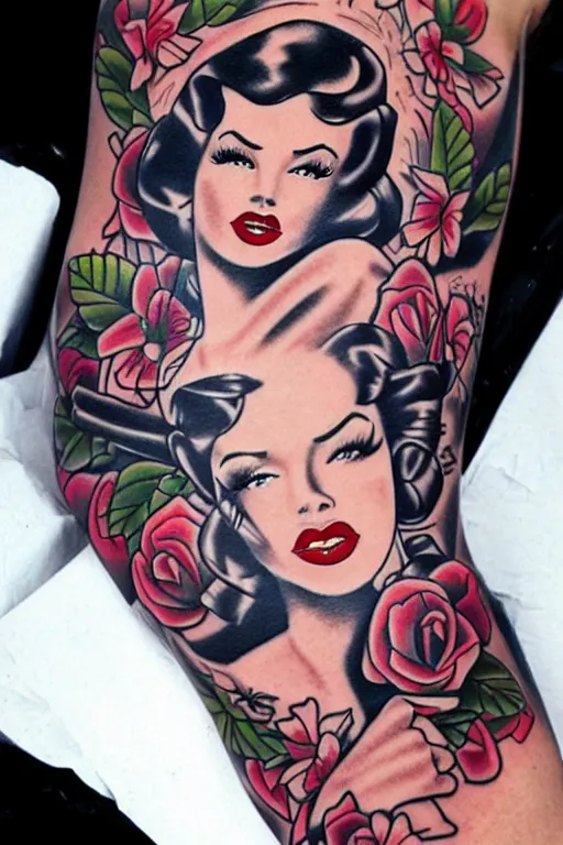 Prompt: pinup girl tattoo by Ryan Ashley