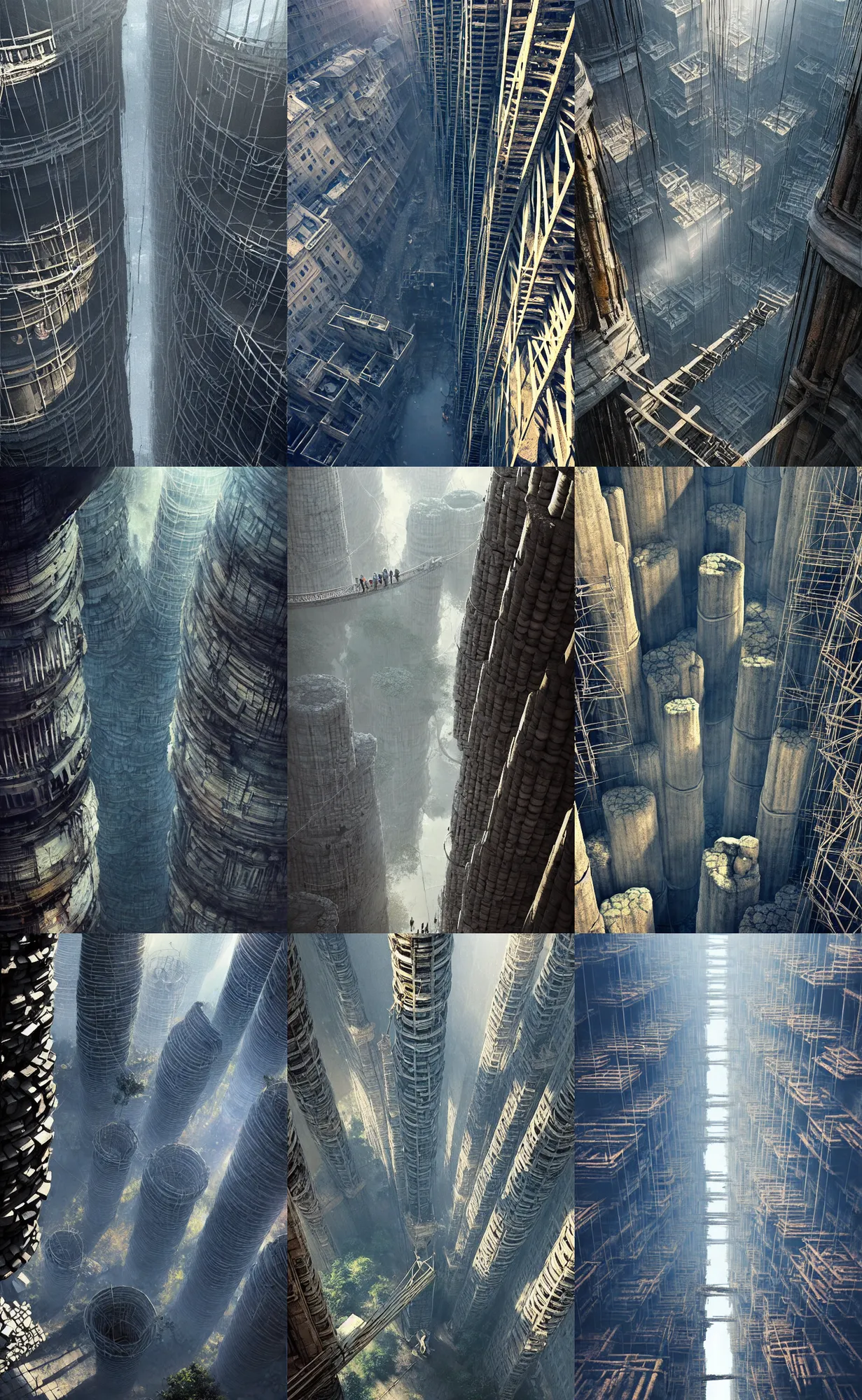 Prompt: round stone columns, looking down from above, vertigo, bottomless void, tall cylindrical towers!! crumbling stone, scaffolding, rubble, makeshift houses, cloth banners, suspended bridge!, hanging bridge!!, huge distance, by craig mullins, by ruan jia!, ( ( dr sues ) ), cold, dramatic lighting
