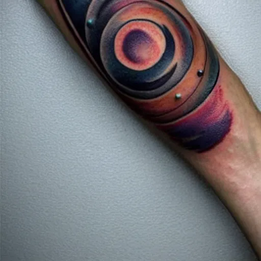 Image similar to a small black tattoo on the arm based on the universe, whole tattoo, realistic, very detailed