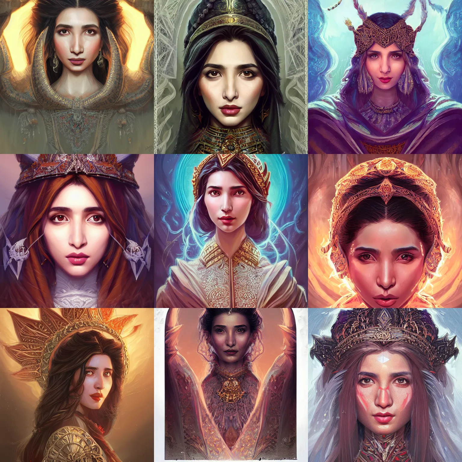 Image similar to head-on centered symmetrical painted portrait, Mahira Khan as a D&D wizard, intricate fantasy robes, fantasy, intricate, elegant, highly detailed, digital painting, smooth, sharp focus, illustration, dramatic lighting, artstation, in the style of Artgerm and Anna Podedworna and Alex Ross