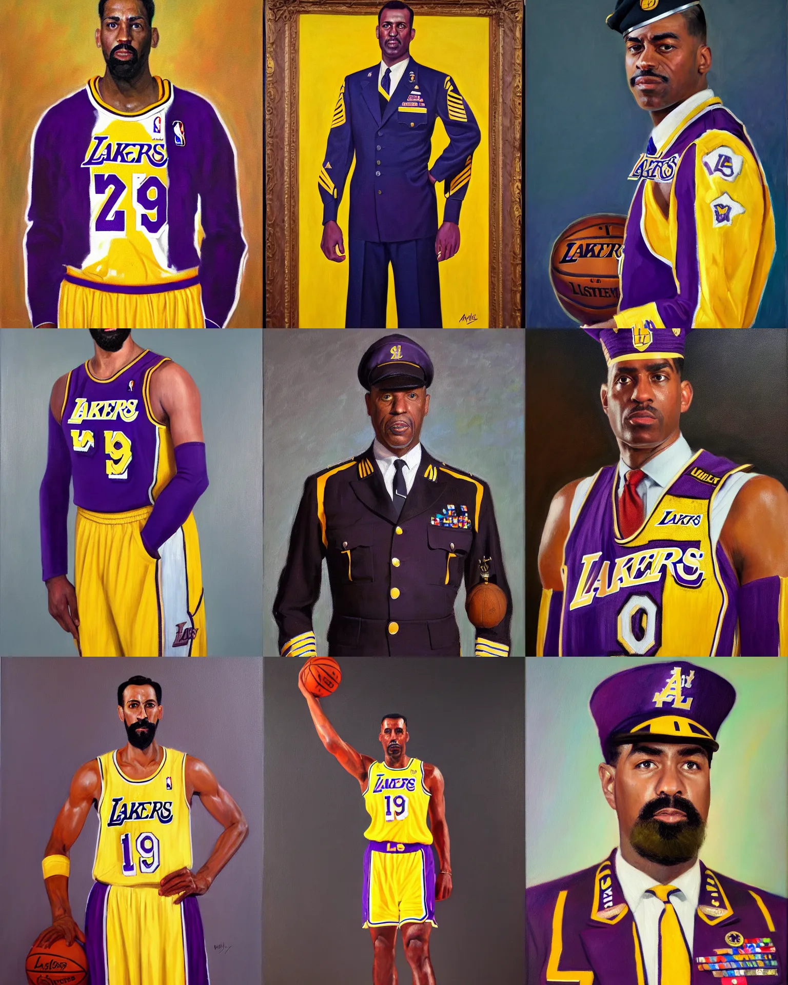 Prompt: full body portrait of the dictator of the los angeles lakers, 1 9 5 5, in full military garb, oil on canvas by william sidney mount, trending on artstation