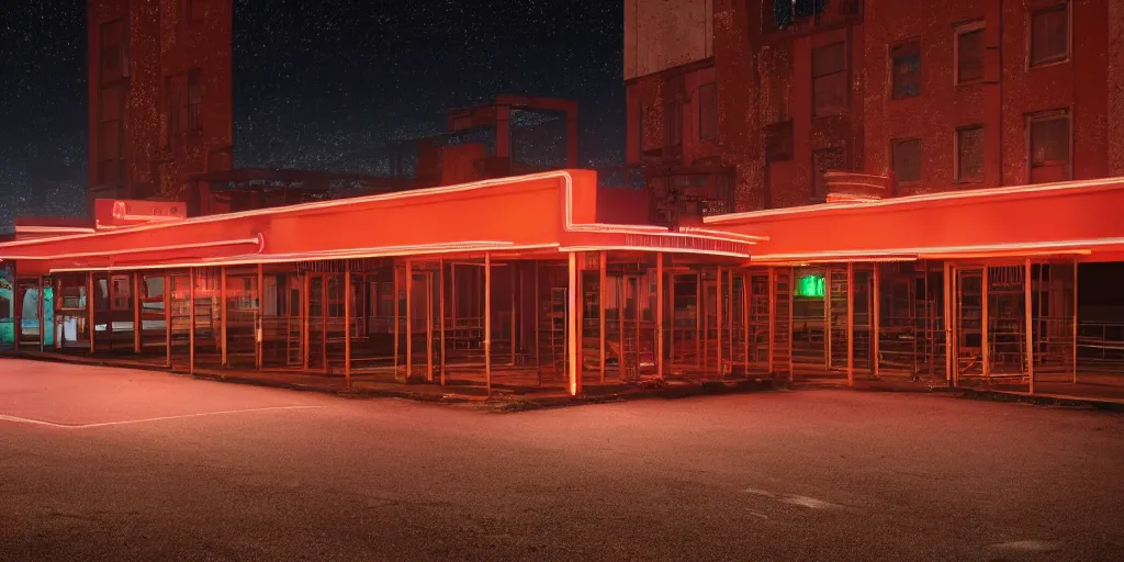 Image similar to an empty parking lout outside an abandoned retro diner at night, by lee madgwick, pink and orange neon lights, highly detailed, photorealistic, artstation trending, cryengine 8 k uhd