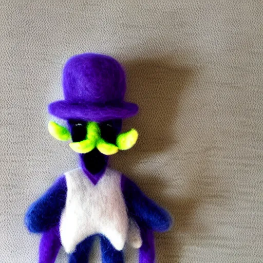 Prompt: a needle felted waluigi, needle felting art.