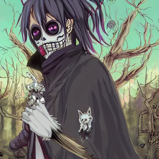 Prompt: an anime about an undead biohazard necromancy wizard with a sugar skull painted skeletal fox shaped plague doctor mask face, 9 massive fox tails trailing behind magical grim reaper robes, walking through calm forest under starry skies, halloween decorations, fireflies, wonder, anime, furry, peaceful, street view, vhs, art by yuji ikehata, trending on art station