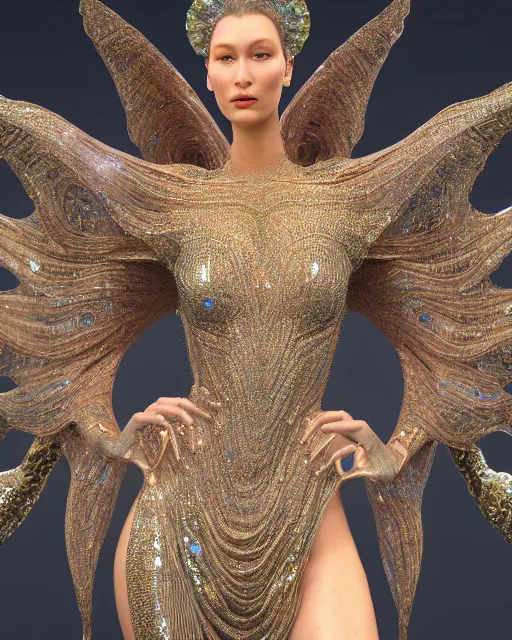 Prompt: a highly detailed metahuman 4 k close up render of an alien goddess bella hadid monument aphrodite in iris van herpen dress schiaparelli in diamonds crystals swarovski and jewelry iridescent in style of alphonse mucha gustav klimt trending on artstation made in unreal engine 4