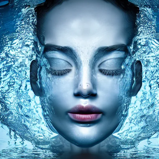Prompt: water artwork manipulation in the shape of a human head, on the ocean water, ray tracing, realistic water sharp focus, long shot, 8 k resolution, cinematic, surreal water art