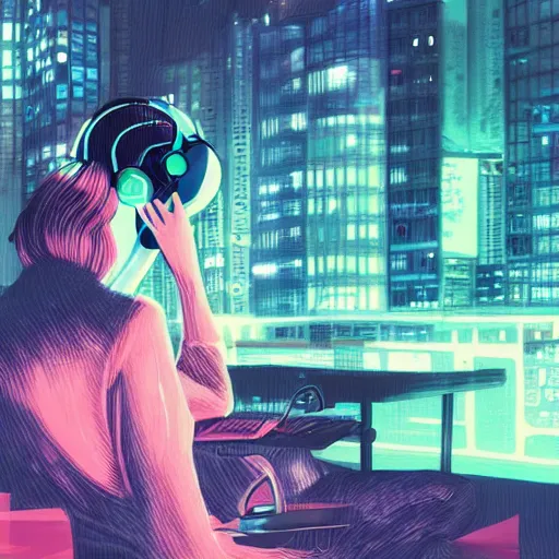 Image similar to a trot singer working on a dissertation while listening to lo-fi with futuristic headphones, artwork by liam wong