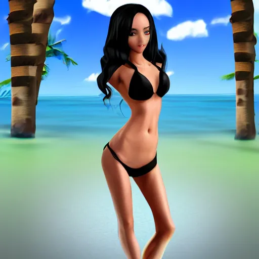 Prompt: black-haired beauty in 3D style , in a bikini , knee-length hair , 2K
