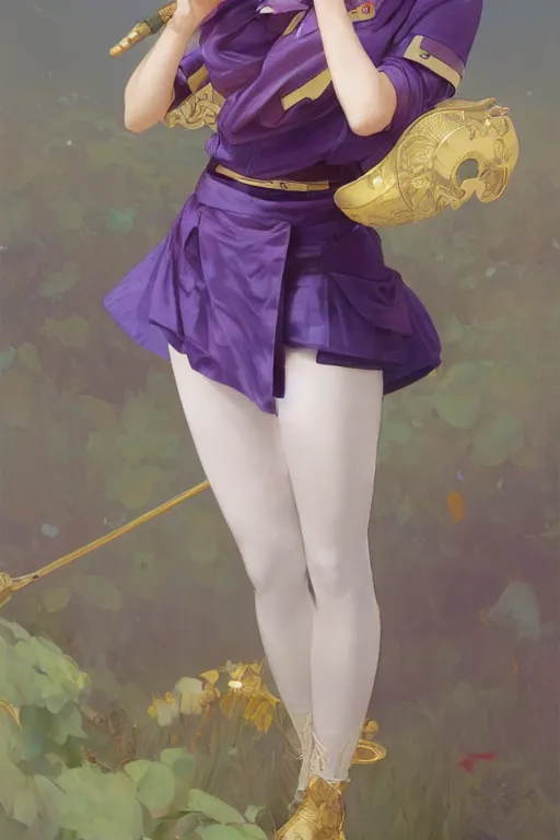 Prompt: Full View of Eunha from Viviz and gFriend with short hair wearing a purple military uniform and puffy silk shorts, white leggings, Golden Ribbon, and a billowy scarf. masterpiece 4k digital illustration by Ruan Jia and Mandy Jurgens and Artgerm and greg rutkowski and WLOP, award winning, Artstation, art nouveau aesthetic, Alphonse Mucha background, intricate details, realistic, panoramic view, Hyperdetailed, 8k resolution, intricate art nouveau