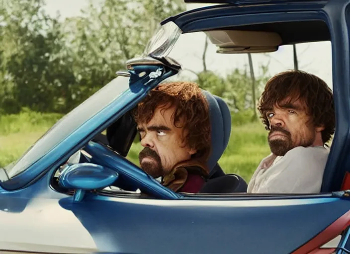 Image similar to peter dinklage and emma stone driving a little tikes cozy coupe, movie still, from the new smokey and the bandit movie, 8 k, realistic